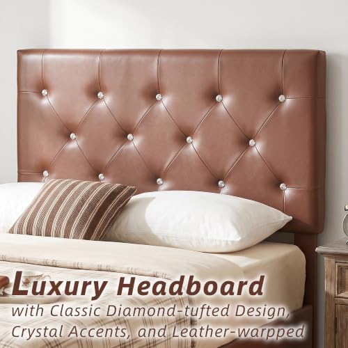 VECELO Twin Size Bed Frame with Storage Drawers, Leather Upholstered with Diamond Tufted Headboard, Solid Wood Slat Support, No Box Spring Needed, PU & Brown