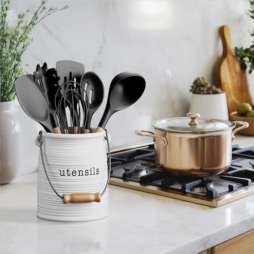 Barnyard Designs Ceramic Farmhouse Kitchen Utensil Holder, 6" White