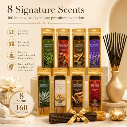 RAINFLOW Incense Sticks 160 Pack, 8 Scents Indian Incense Variety Pack