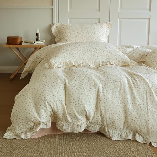 Vintage Flower Duvet Cover Set Muslin Cotton Twin(68"x86"),Ditsy Floral