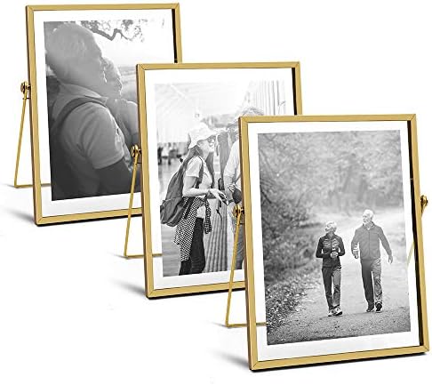 AceList Metal Picture Frames, Set of 3 Ornate Minimal Floating Edge Clear Glass Table Top Easel Stand Photo Frames in Gold, 5 x 7, Assortment Variety