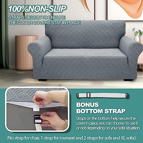 YEMYHOM Couch Cover Latest Jacquard Design High Stretch Sofa Covers for 2 Cushion Couch, Pet Dog Cat Proof Loveseat Slipcover Non Slip Elastic Furniture Protector (Medium, Leaf Pattern Light Gray)