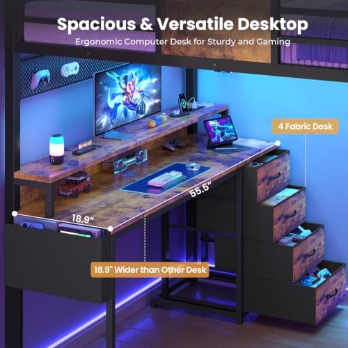 Full Size Loft Bed with 55.5" Desk and Storage Stairs, Rustic Brown