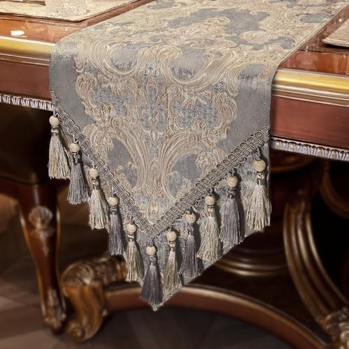 Loom and Mill Luxury Jacquard Damask Table Runner 108 Inches Long, Gray