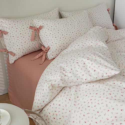 Pink Flower Stripes Duvet Cover Set Twin 100% Cotton Blossom Duvet Cover with Zipper Closure,Cottagecore Bedding Set for Girls Women-68 x86,Off-White