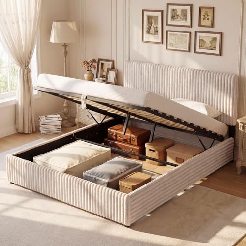 GIANTEX Queen Size Lift Up Storage Bed, Modern Corduroy Upholstered Platform w/Wingback Headboard, Hydraulic Support, Queen Bed Frame with Storage, No Box Spring Needed (Beige)
