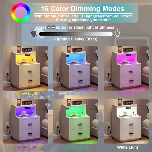 Yusong LED Nightstand Bedside Table with Charging Station 2 Drawers, Modern Sofa Couch End Side Table with LED Lights and Pull-Out Shelf for Bedroom, White