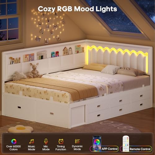 ADORNEVE Full Corner Bed Frame with 8 Storage Drawers and LED Lights, White