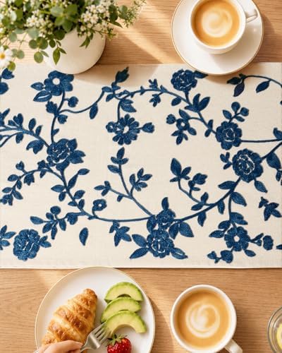 Miss Adola Embroidered Canvas Table Runner 13"x72", Blue and White