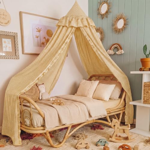 SmoothNovelty Gingham Plaid Bed Canopy, Yellow White, Round