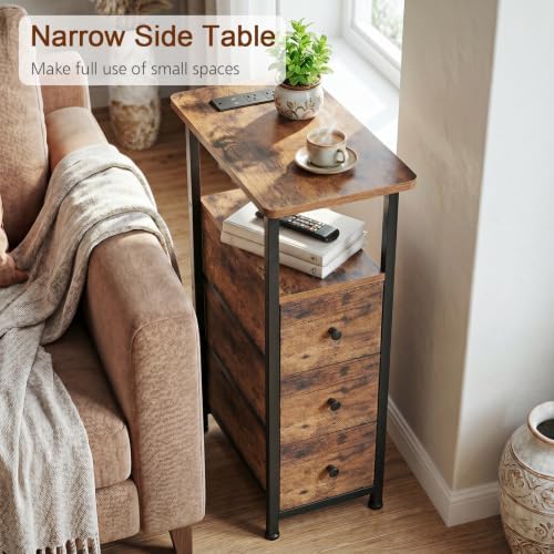 LOAKEKEL Narrow End Table with Charging Station, Small Nightstand