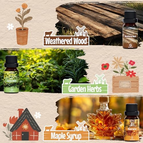 Farmhouse Essential Oils Set for Diffusers for Home, Soap & Candle Making Scents, Roasted Chestnuts,Buttery Toffee, Garden Herbs, Cozy Linen, Maple Syrup, Weathered Wood, 6x10ml