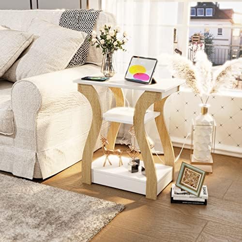 FROMJBEST End Tables Living Room, End Table with Charging Station,White&Oak