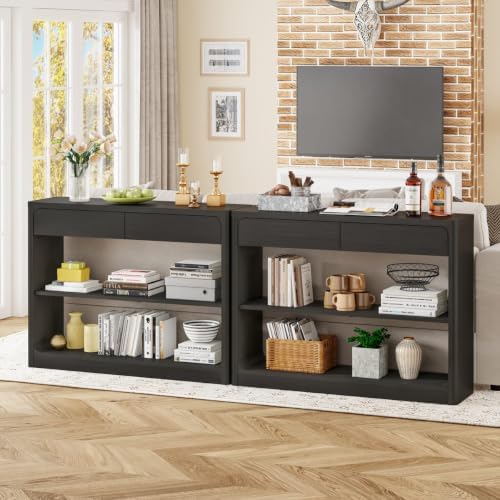 FATORRI Console Table with 2 Drawers, 43.3 Inch Farmhouse Narrow Entryway Table with Storage Shelves, Rustic Sofa Tables Behind the Couch for Hallway, Living Room, Foyer (Black)