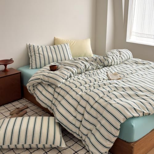 mixinni Retro Green Striped Duvet Cover Set Full Size – Mid Century Vintage Bedding Set, 3 Piece Washed Microfiber Soft Comforter Cover with Zipper & Corner Ties, (1 Duvet Cover + 2 Pillowcases)