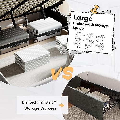 SHA CERLIN Full Size Lift Up Hydraulic Storage Bed Frame Light Grey