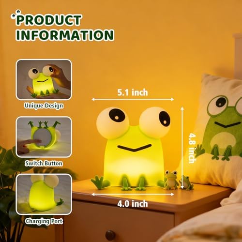 Frog Night Light for Kids with Timer, Dimmable 3 Brightness 7 Colors, Kawaii Big-Eyed Frog Lamp Funny Gifts, USB Rechargeable Portable Night Lamp Decor for Girl Boy Nursery/Bedroom/Desk/Office