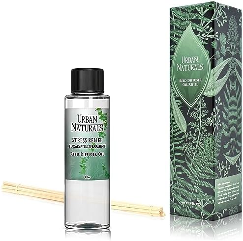 Urban Naturals Stress Relief Eucalyptus Spearmint Reed Diffuser Oil Refill | Fill Your own DIY Diffuser Bottle! Includes Replacement Reed Sticks