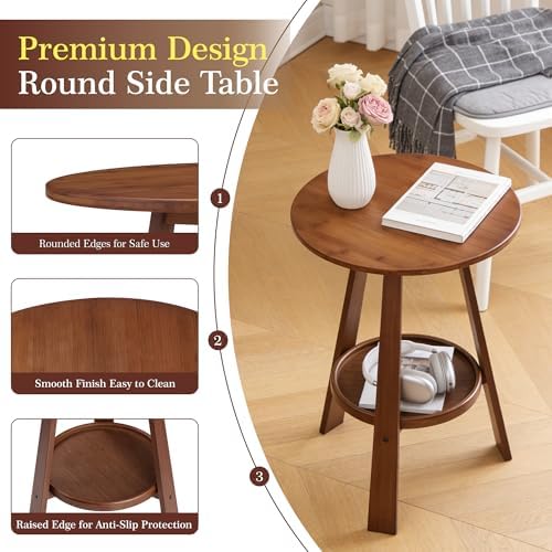 2-Tier Bamboo Round Side Table, Mid-Century Modern End Table