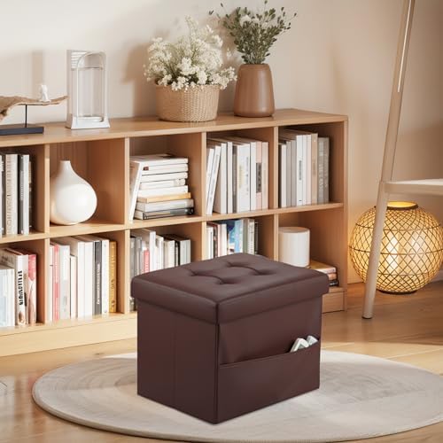 Bsketa Storage Ottoman Bench,17 Inch Folding Leather Foot Rest Stool, Brown