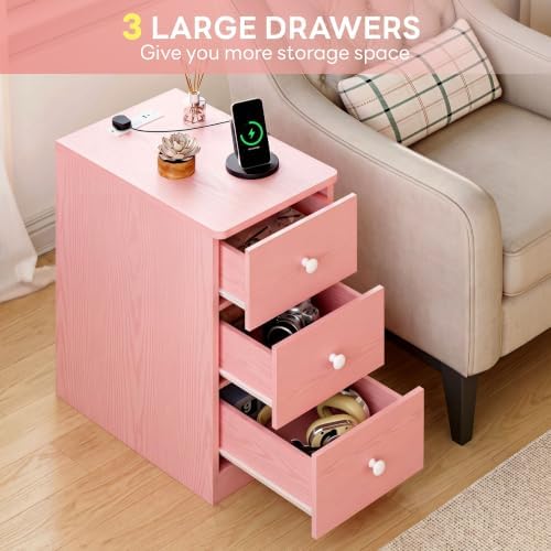 LIKIMIO Nightstand with Charging Station, 3 Drawers Modern for Bedroom
