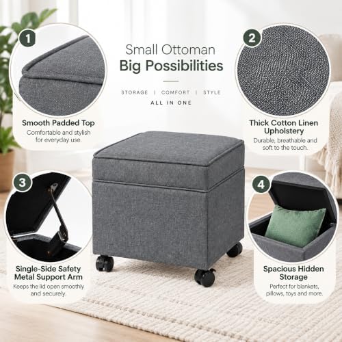 Adeco 17.5" Square Fabric Ottoman with Storage, Upholstered Cotton Linen Foot Rest, Flip Top Footstool, Small Cube Coffee Table Extra Seat for Living Room, Bedroom, Grey with Rolling Legs