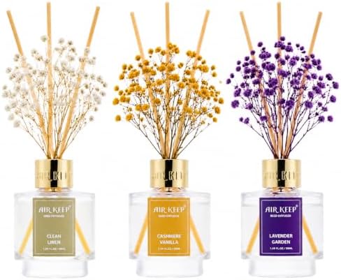 Airkeep Reed Diffuser Set of 3,Clean Linen Cashmere Vanilla Lavender Garden Oil Reed Diffusers for Bedroom Living Room Office Aromatherapy Oil Reed Diffuser for Gift 50ml x 3