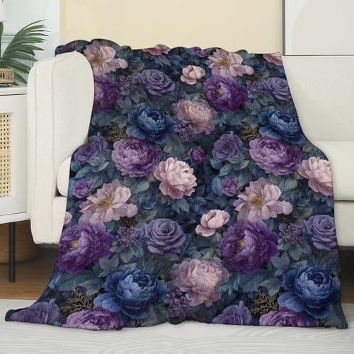 Floral Flannel Blanket, Soft Cozy Throw with Elegant Flower Botanical, Lightweight Blankets for All Seasons, Vintage Classic Home Sofa Bed Decor and Gifts for Women Girls, 50x60 Inch