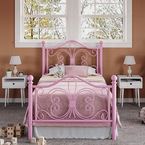 Allewie Metal Twin Platform Bed Frame, Butterfly Pattern Design, Pink