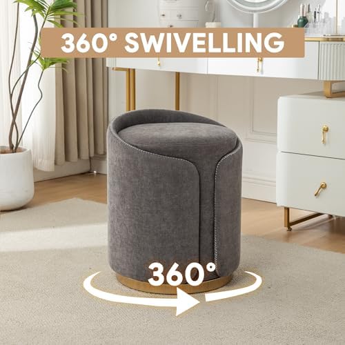 Swivel Vanity Stool with Gold Base Comfy Vanity Chair Modern Round Stool for Makeup Vanity Ottoman Foot Rest for Bedroom livingroom (Dark Gray)