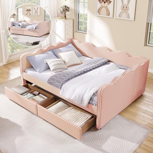 Queen Size Daybed with Storage Drawers, Linen Gingham Daybed with USB Ports & Wave Shaped, Upholstered Day Bed Frame, Modern Sofa Bed for Living Room/Bedroom/Guest Room, No Box Spring Needed, Pink
