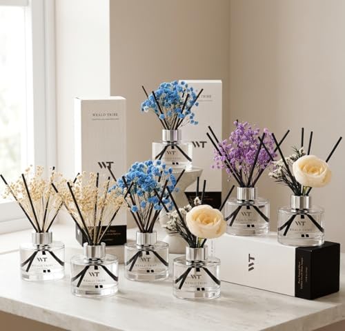 WEALD TRIBE Flower Reed Diffuser Set Lavender Scent for Bathroom Accessories Shelf Decor & Air Fresheners, Sticks Defusers with 5.1 fl oz Essential Oils & Leaves, House Bedroom Office Decor & Gifts