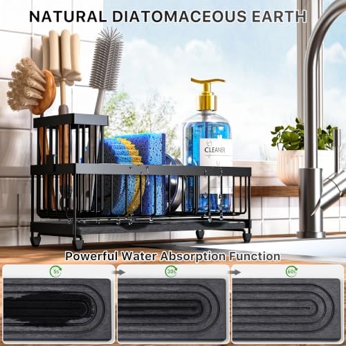 Cisily Sponge Holder for Kitchen Sink, Sink Caddy Organizer with High Brush Holder, Kitchen Countertop Organizers and Storage Essentials (Black Shelf with Stone Tray, Small)