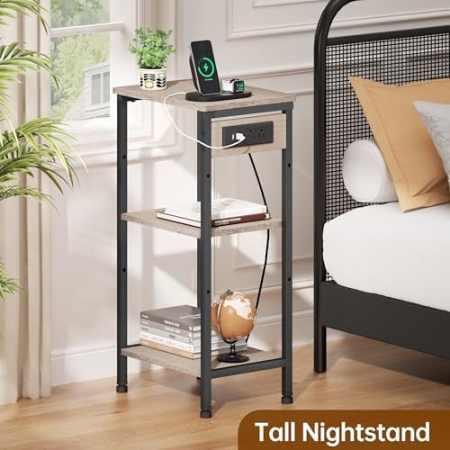 Asgolion Tall End Table with Charging Station, Narrow Tall Side Table
