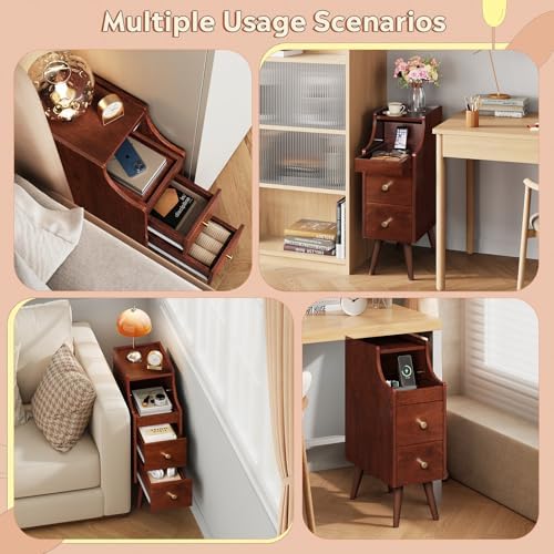 WLIVE Slim Small Nightstand with Drawer Narrow Bedside Table Vintage Cherry
