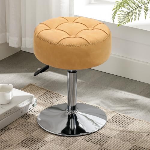 LUE BONA Adjustable Vanity Stool, 360°Swivel Vanity Chair Stool for Makeup Room, Honey Brown Stool Chair for Vanity, Small Velvet Vanity Stool for Bathroom, Living Room