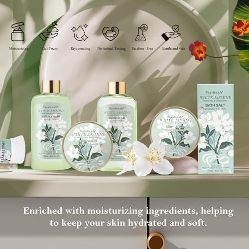 Bath Gift Baskets for Women, 9pc Jasmine Spa Gifts Set for Women, Self Care & Body Relaxing, Birthday Gift Basket, Mother's Day Gifts, Christmas, Anniversary Bath Gift Set
