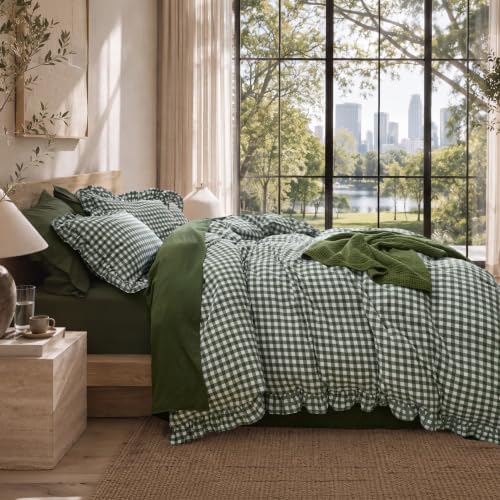 Bedsure Gingham Ruffle Duvet Cover Set, King, Cotton-Like Bed, Olive Green