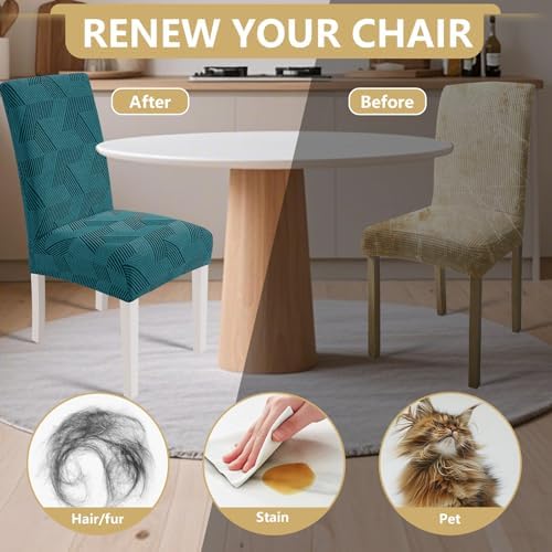 JIVINER Stretch Dining Chair Slipcovers Set of 2, Geometrical Jacquard Dining Chair Covers, Washable Kitchen Chair Covers for Dining Room, Hotel, Party, Peacock Blue