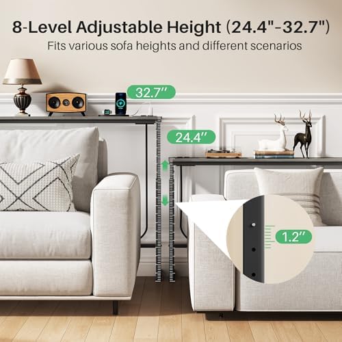Kitstorack Narrow Sofa Table with Charging Station, 78.8" Behind Couch Table, Adjustable 24.4"-32.7" Height, Modular 2-piece Design for sectionals, entryways, Apartments, and Narrow Living Spaces