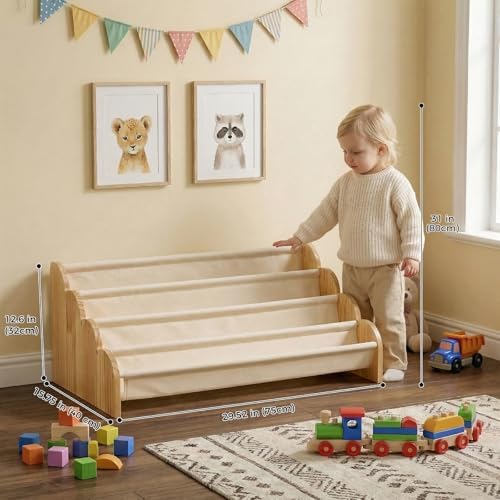 Puricon 4-Tier Kids Bookshelf, Wooden Bookcase Organizer for Toddlers with Deep Pockets & Wavy Edge, Decorative Front-Facing Sling Book Rack for Kids Rooms, Nursery, Playroom and Classroom -Beige