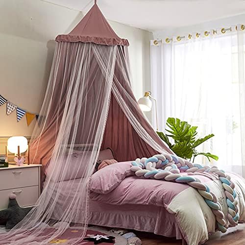 VETHIN Bed Canopy Double Layer Princess Round Dome Dreamy Mosquito Net Bedding Girls Room Castle Play Tent Hanging House Decor Reading Nook Canopies(Jujube Red/White)