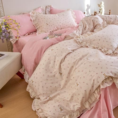 Floral Duvet Cover Full Size 100% Cotton Lace Trim Comforter Cover Full Ruffle Vintage Boho Zipper Duvet Cover Set with 2 Pillow Cases Chic Aesthetic Bedding Set for Girls Duvet Protector