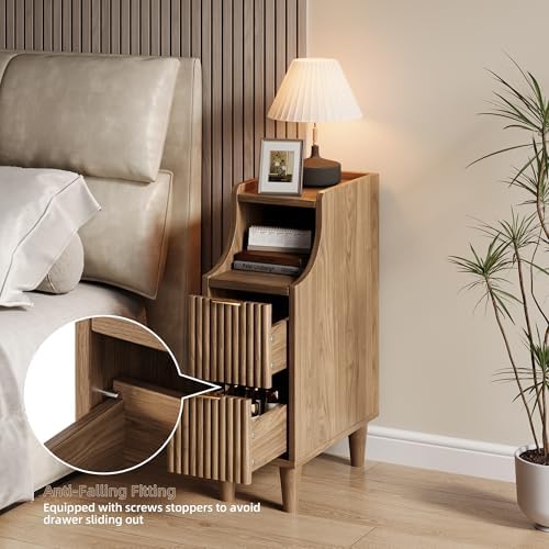 Fluted Nightstands Set of 2,Narrow Bedside Table with 2 Drawers & Storage, Farmhouse Walnut End Table Modern Side Table for Bedroom Livingroom Sofa Office