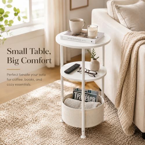 3-Tier Small Round Side Table with Storage Basket, White