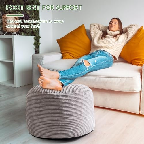 HIGOGOGO Round Stuffed Pouf Ottoman, Corduroy Poufs with Foam Chunk Filling, Furry and Fluffy Pouf Foot Stool Storage Ottoman, 26 X 18 Floor Poufs Foot Rest for Living Room, Grey