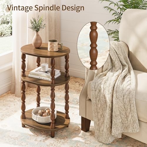 Yoobure 3-Tier Small Side Table - Oval End Table with Vintage Spindle Legs, Accent Night Stand with Storage Shelf for Narrow Spaces, Wood Nightstand Bedside Table for Living Room, Bedroom, Walnut