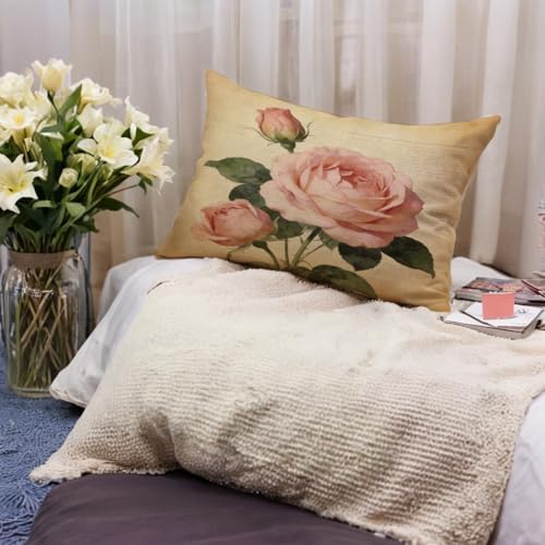 Decorative Romantic Rose Flower Pillow Cover Vintage Shabby Chic Peach Pink Rose Floral Rectangular/Waist Cushion Cover Cotton Linen Pillowcase for Sofa Bedroom Car 12x20 Inch Set of 2 (12”×20”)