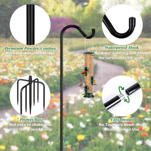 FEED GARDEN Adjustable Shepherd Hook Bird Feeder Pole with 7 Prongs Base, 108 Inch Tall 5/8 Inch Thick, Heavy Duty Outdoor Garden Poles for Hanging Bird Feeders, Plant Baskets, Black (2 Pack)
