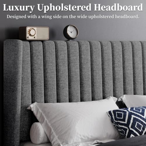 Yaheetech Queen Bed Frame with Headboard,Light Gray Channel-Tufted Platform